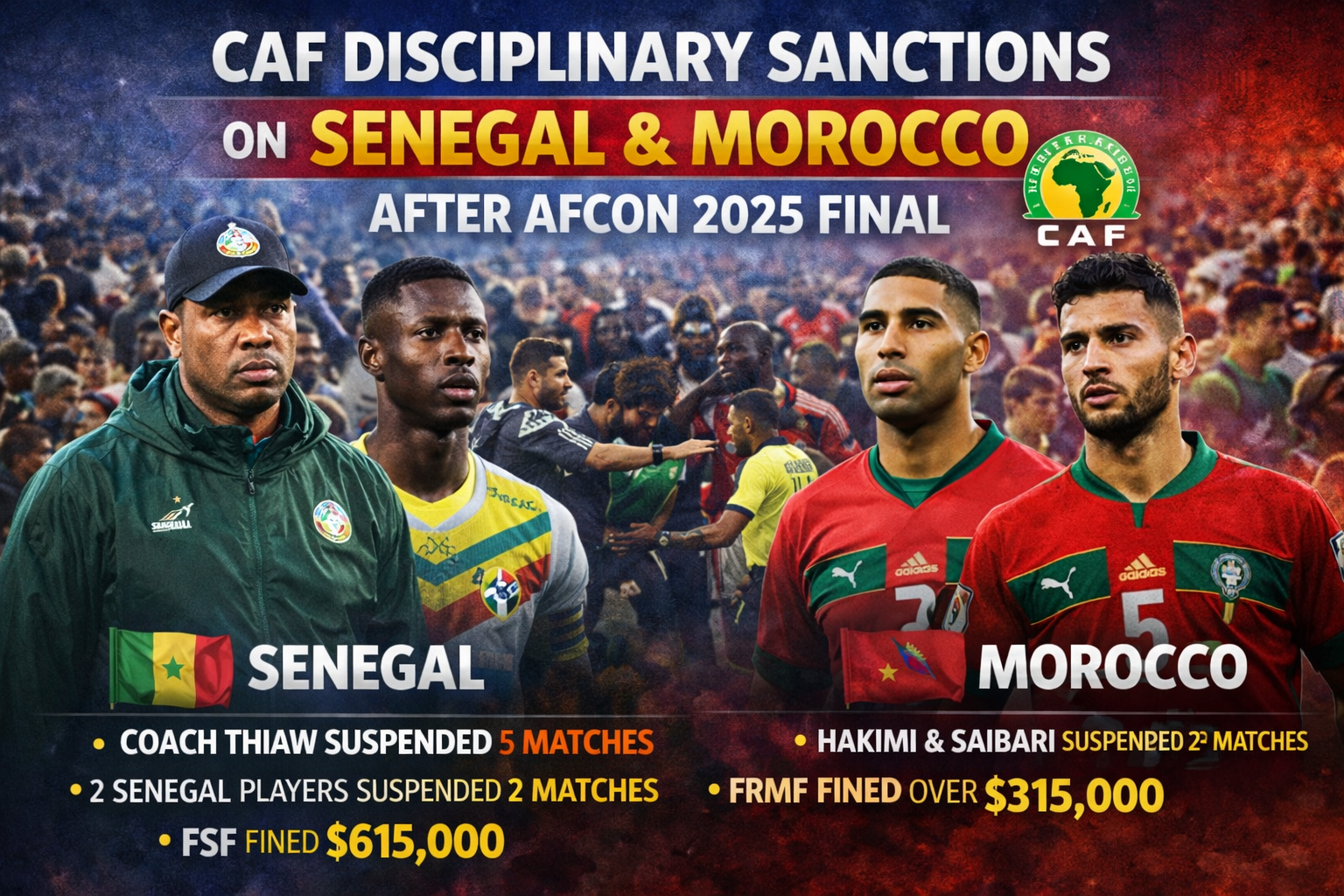 CAF Imposes Disciplinary Sanctions on Senegal and Morocco After AFCON 2025 Final