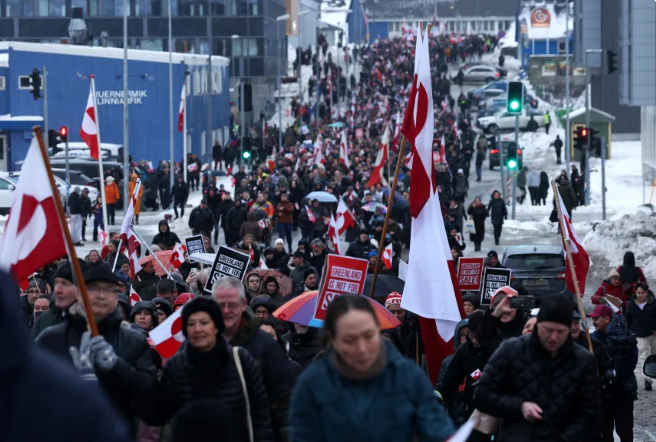 Large crowds protest against a US takeover of Greenland in the territory's capital of Nuuk on Saturday. Sean Gallup/Getty Images